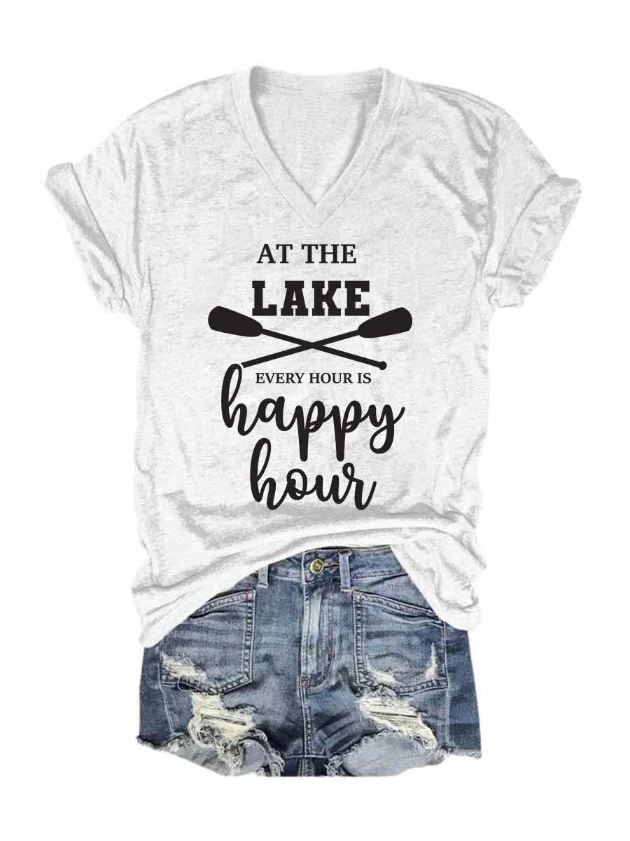 Women's At The Lake Every Hour Is Happy Hour V-Neck T-Shirt