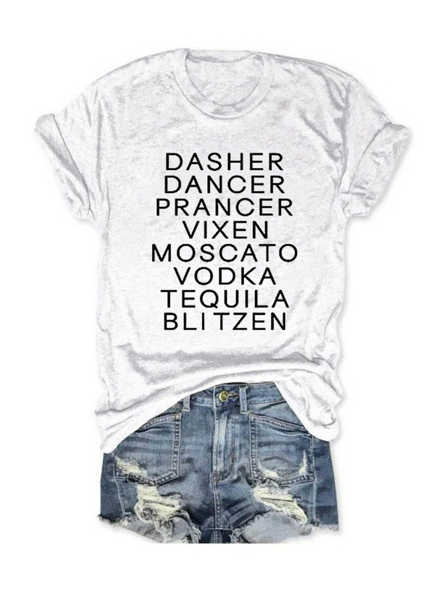 Women's Dasher Dancer Prancer Vixen Moscato Vodka Tequila Blitzen T-Shirt