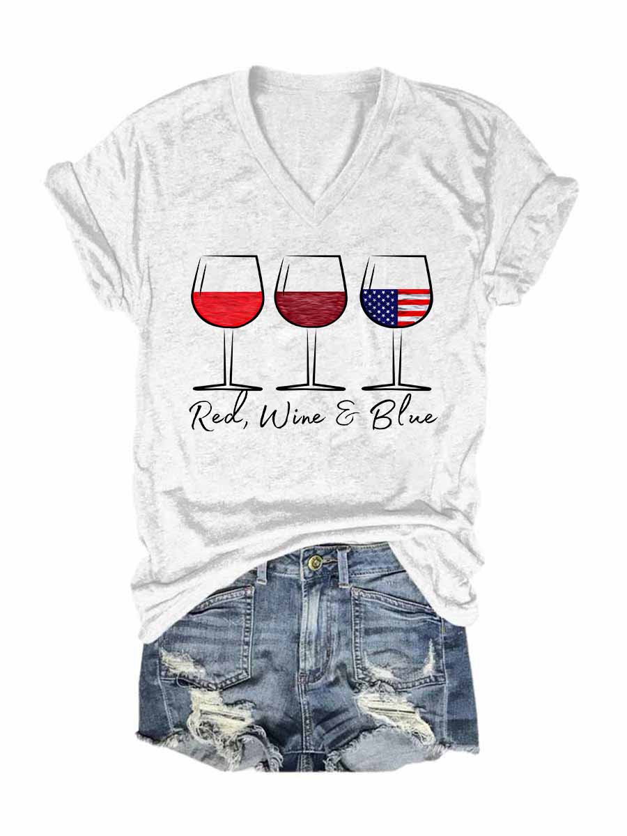 Women's Red Wine Blue V-Neck T-Shirt