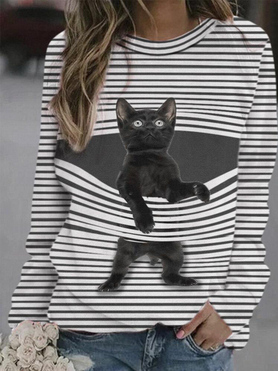 Women's Cartoon Cat Print Striped Sweatshirt