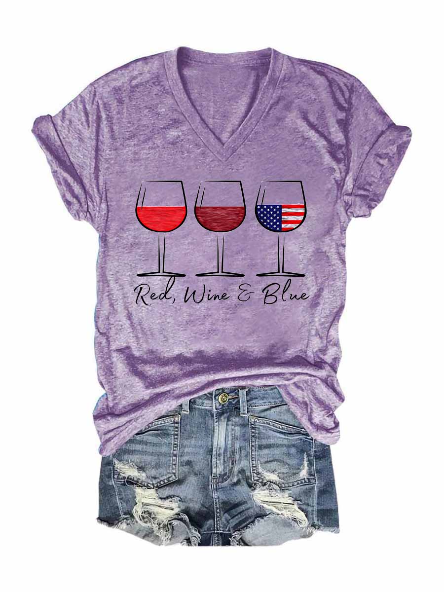 Women's Red Wine Blue V-Neck T-Shirt